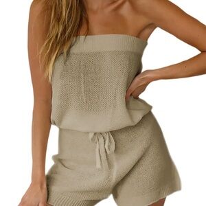 Beige Strapless Knit Romper two Piece
